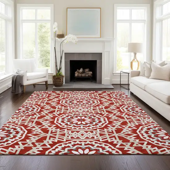 Red Beige And Ivory Floral Medallion Washable Indoor Outdoor Area Rug Photo 8