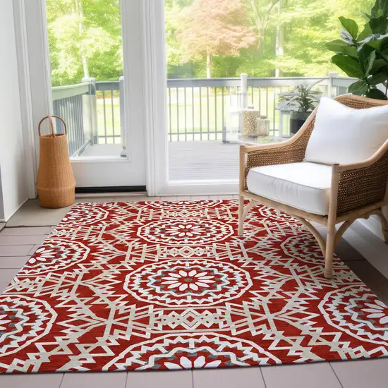 Red Beige And Ivory Floral Medallion Washable Indoor Outdoor Area Rug Photo 9