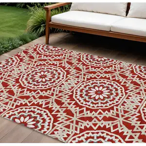 Photo of Red Beige And Ivory Floral Medallion Washable Indoor Outdoor Area Rug