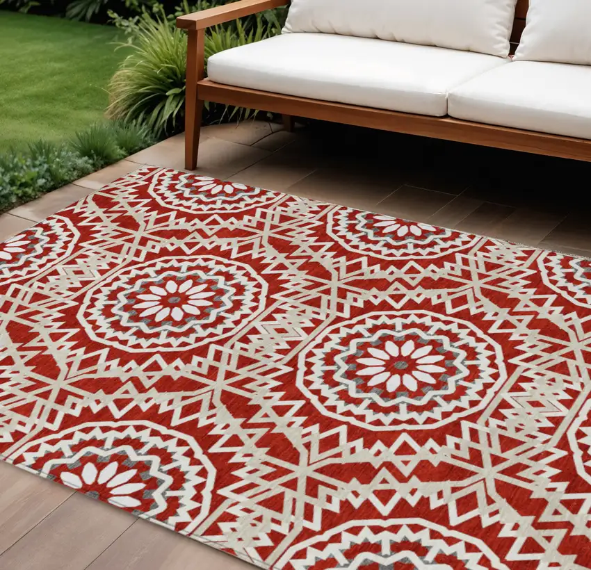 Red Beige And Ivory Floral Medallion Washable Indoor Outdoor Area Rug Photo 1