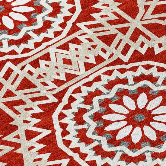 Red Beige And Ivory Floral Medallion Washable Indoor Outdoor Area Rug Photo 5
