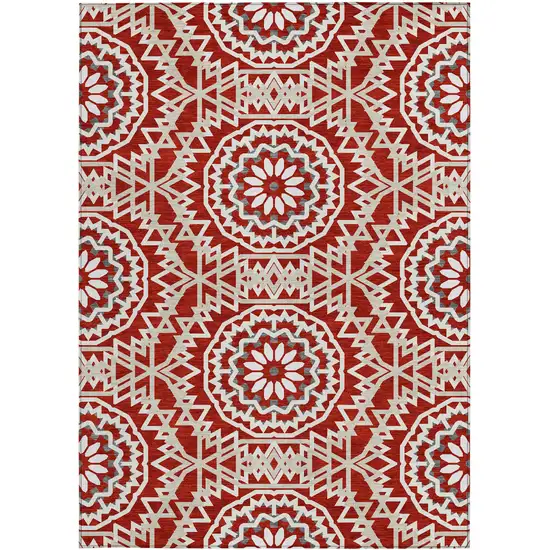 Red Beige And Ivory Floral Medallion Washable Indoor Outdoor Area Rug Photo 6