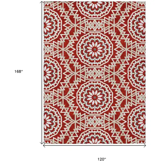 Red Beige And Ivory Floral Medallion Washable Indoor Outdoor Area Rug Photo 3