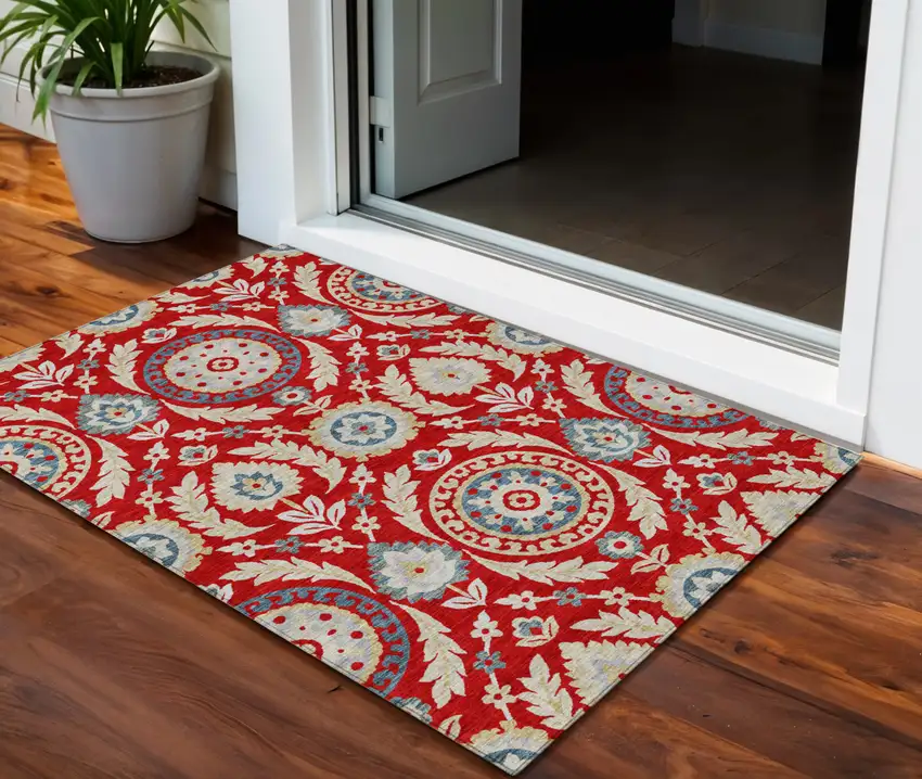 Red Beige And Navy Blue Floral Washable Indoor Outdoor Area Rug Photo 1