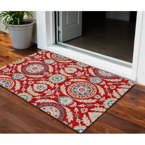 Red Beige And Navy Blue Floral Washable Indoor Outdoor Area Rug Photo 1