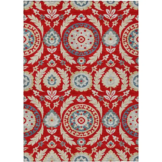 Red Beige And Navy Blue Floral Washable Indoor Outdoor Area Rug Photo 1