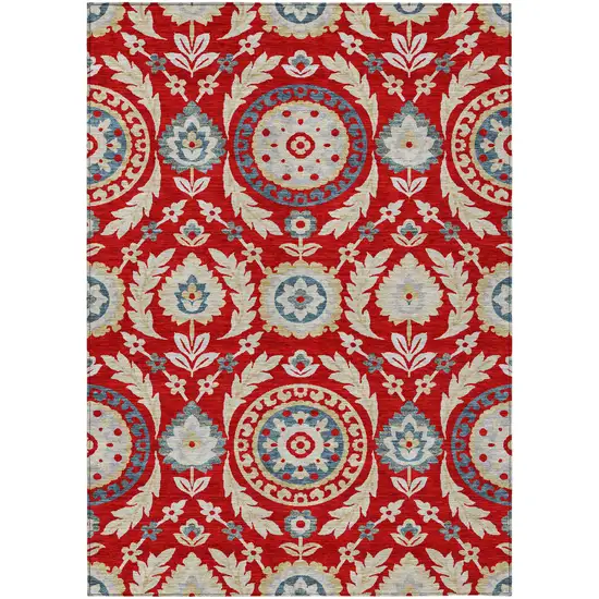 Red Beige And Navy Blue Floral Washable Indoor Outdoor Area Rug Photo 1