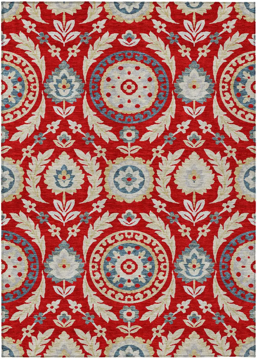 Red Beige And Navy Blue Floral Washable Indoor Outdoor Area Rug Photo 1