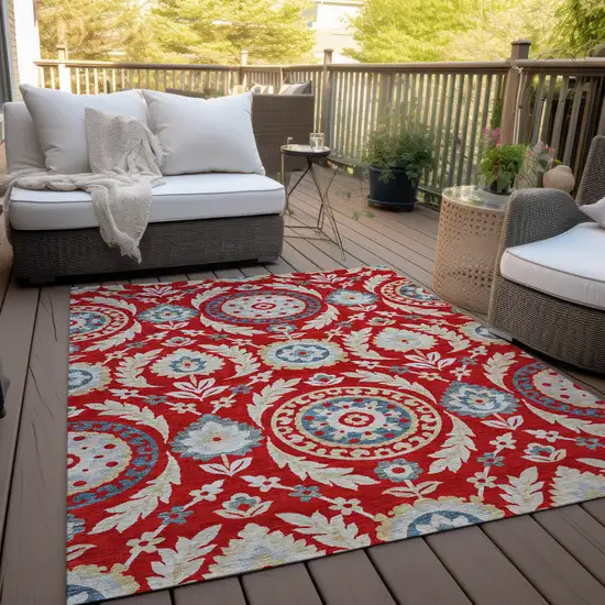 Red Beige And Navy Blue Floral Washable Indoor Outdoor Area Rug Photo 9