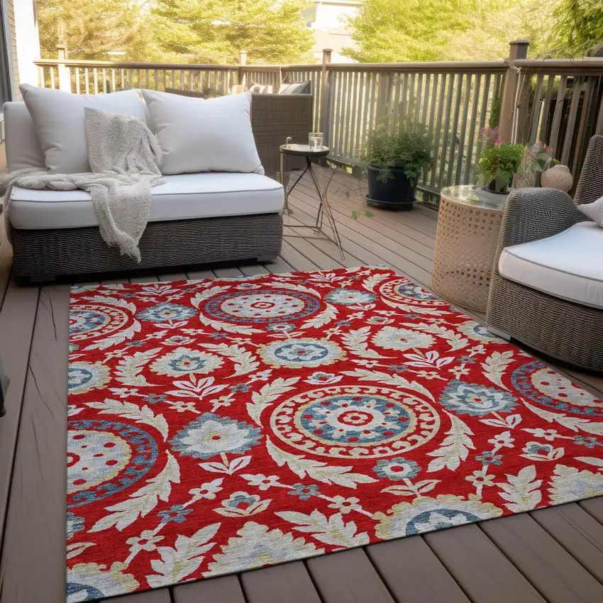 Red Beige And Navy Blue Floral Washable Indoor Outdoor Area Rug Photo 9
