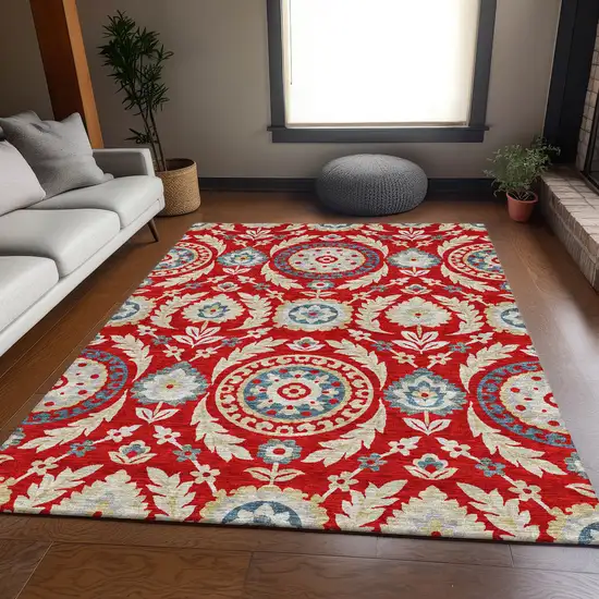 Red Beige And Navy Blue Floral Washable Indoor Outdoor Area Rug Photo 7
