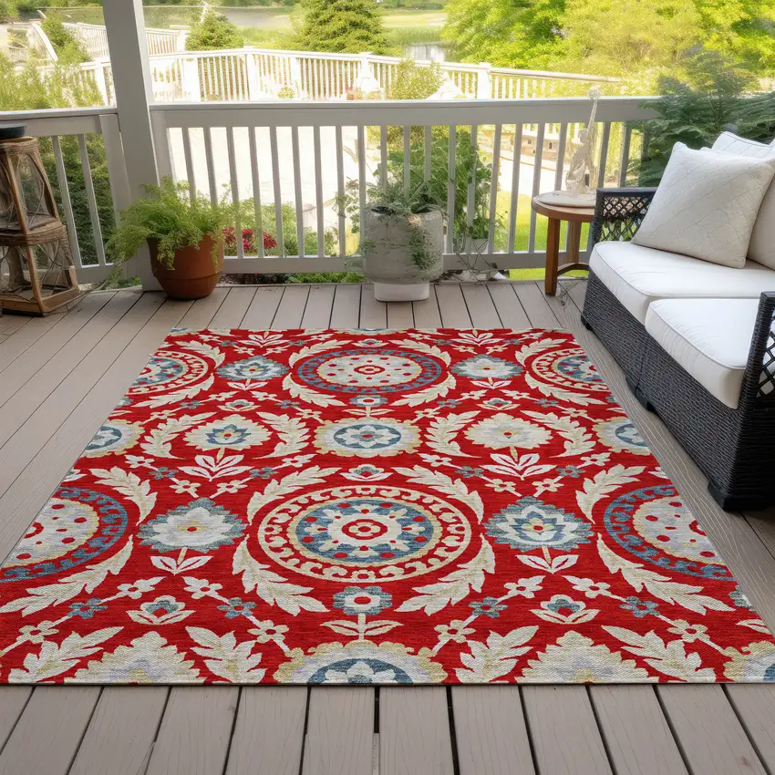 Red Beige And Navy Blue Floral Washable Indoor Outdoor Area Rug Photo 6