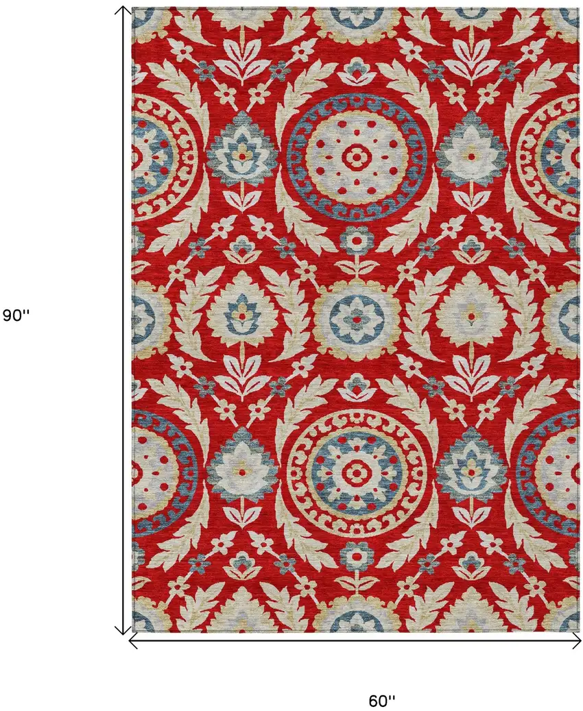 Red Beige And Navy Blue Floral Washable Indoor Outdoor Area Rug Photo 7