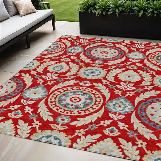 Red Beige And Navy Blue Floral Washable Indoor Outdoor Area Rug Photo 1