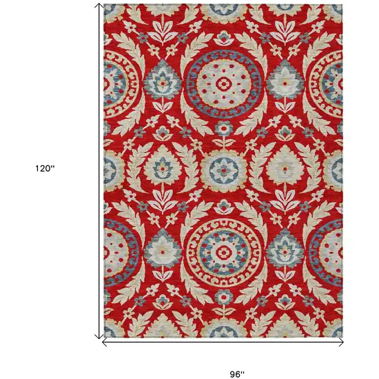 Red Beige And Navy Blue Floral Washable Indoor Outdoor Area Rug Photo 7