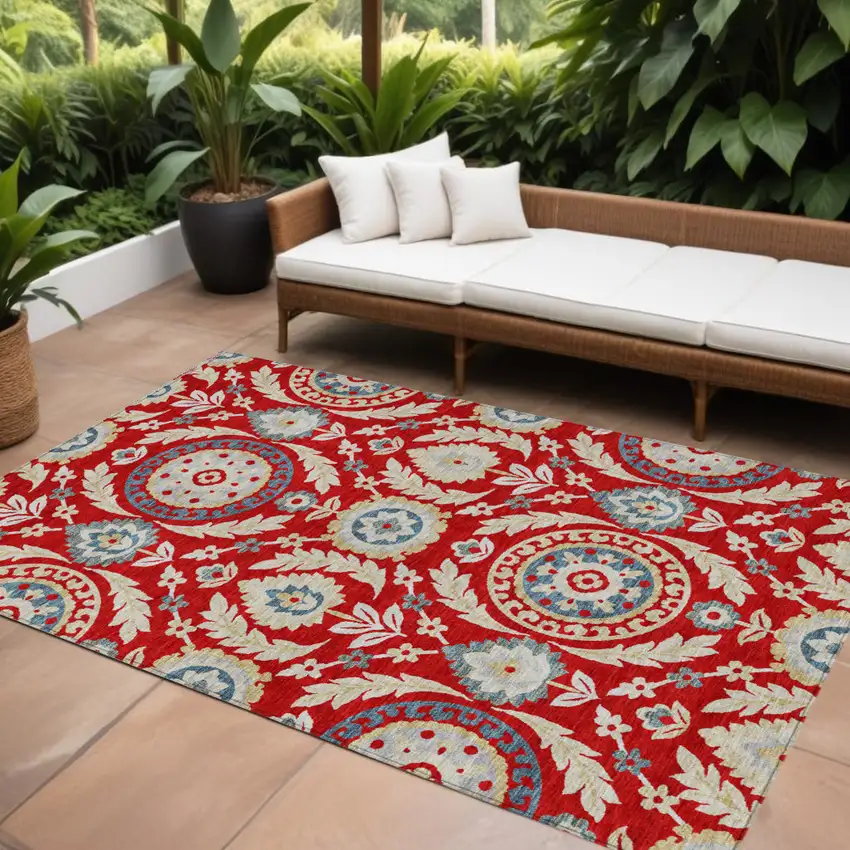 Red Beige And Navy Blue Floral Washable Indoor Outdoor Area Rug Photo 1