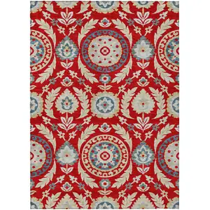 Photo of Red Beige And Navy Blue Floral Washable Indoor Outdoor Area Rug
