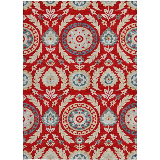 Red Beige And Navy Blue Floral Washable Indoor Outdoor Area Rug Photo 5