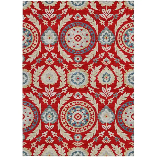 Red Beige And Navy Blue Floral Washable Indoor Outdoor Area Rug Photo 5