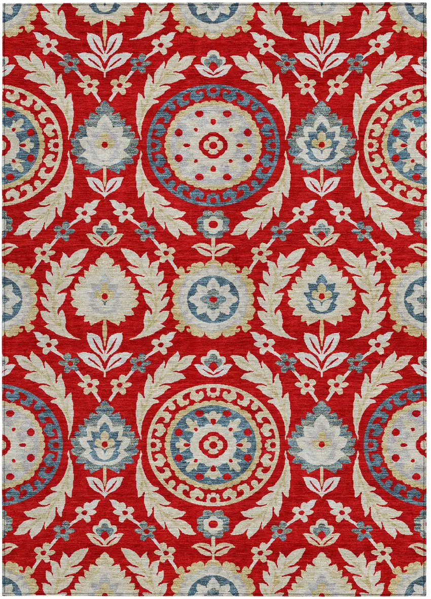 Red Beige And Navy Blue Floral Washable Indoor Outdoor Area Rug Photo 5