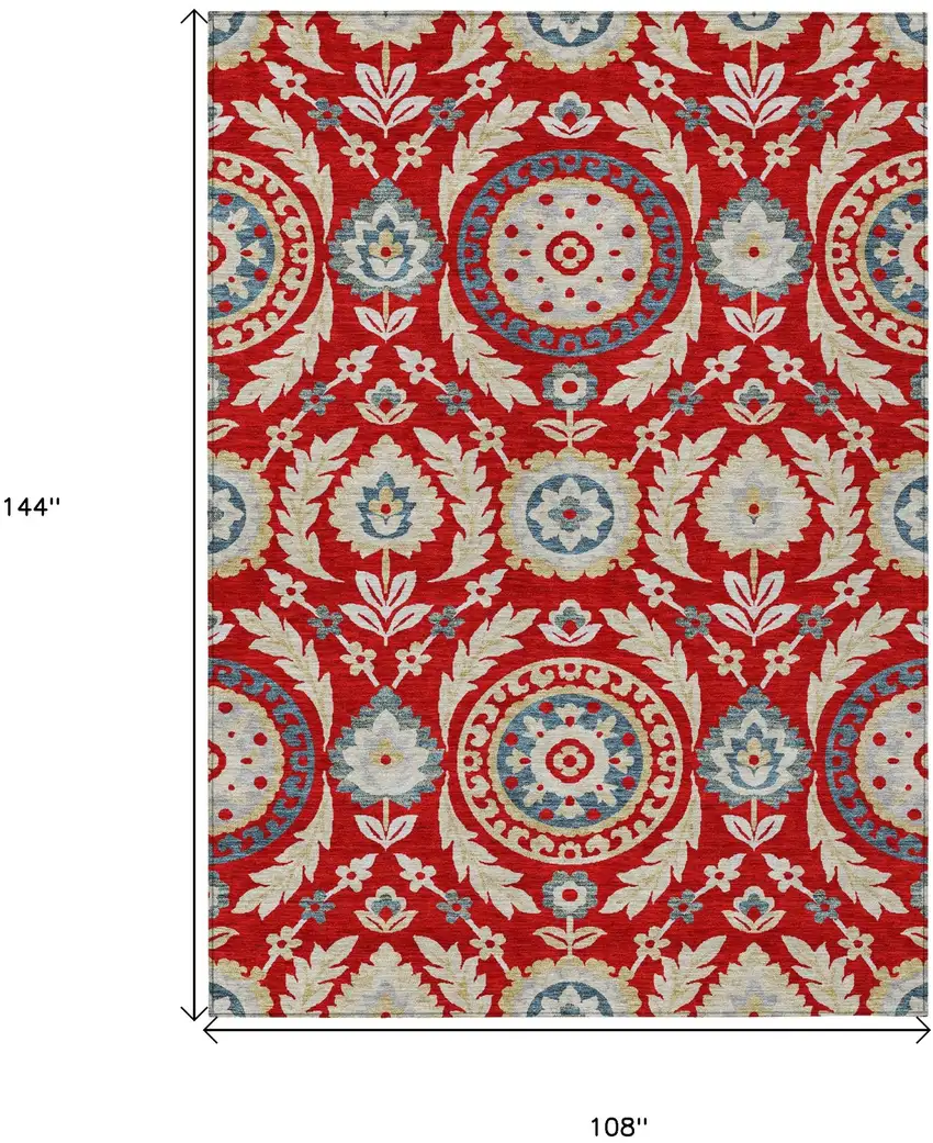 Red Beige And Navy Blue Floral Washable Indoor Outdoor Area Rug Photo 7