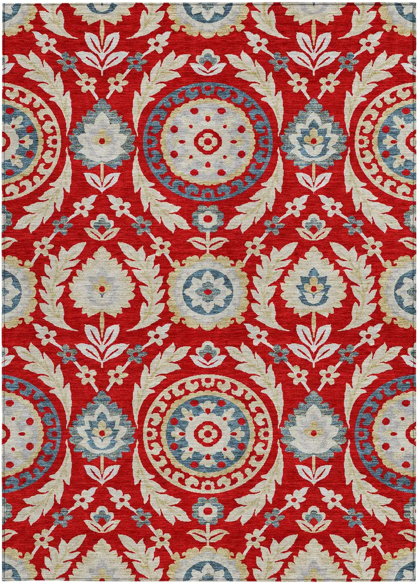 Red Beige And Navy Blue Floral Washable Indoor Outdoor Area Rug Photo 5