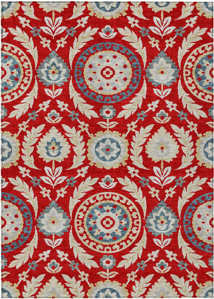 Red Beige And Navy Blue Floral Washable Indoor Outdoor Area Rug Photo 1