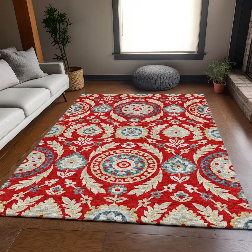 Red Beige And Navy Blue Floral Washable Indoor Outdoor Area Rug Photo 7