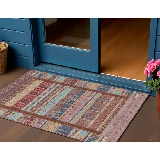 Red Beige And Sky Blue Striped Washable Indoor Outdoor Area Rug Photo 2