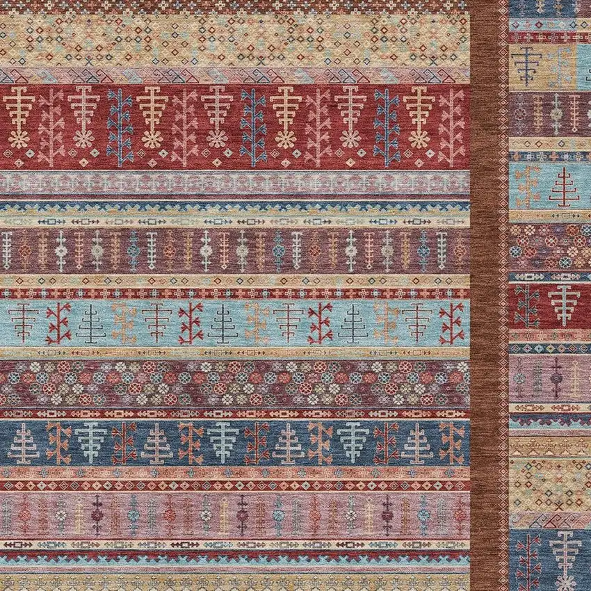 Red Beige And Sky Blue Striped Washable Indoor Outdoor Area Rug Photo 5