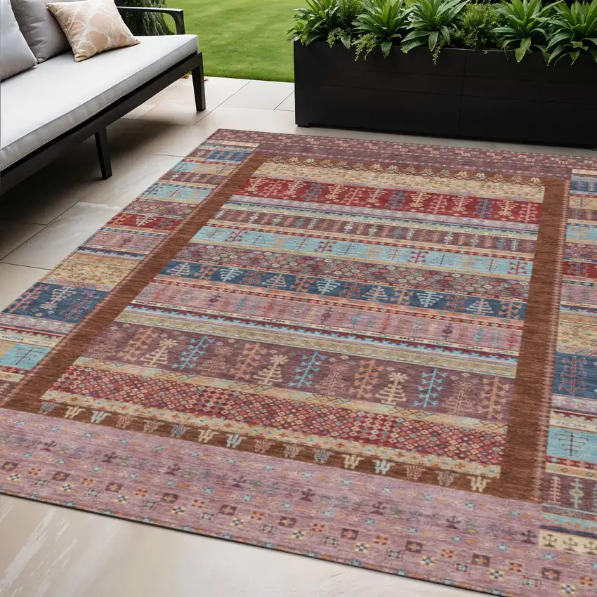 Red Beige And Sky Blue Striped Washable Indoor Outdoor Area Rug Photo 2