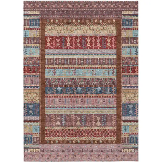 Red Beige And Sky Blue Striped Washable Indoor Outdoor Area Rug Photo 1