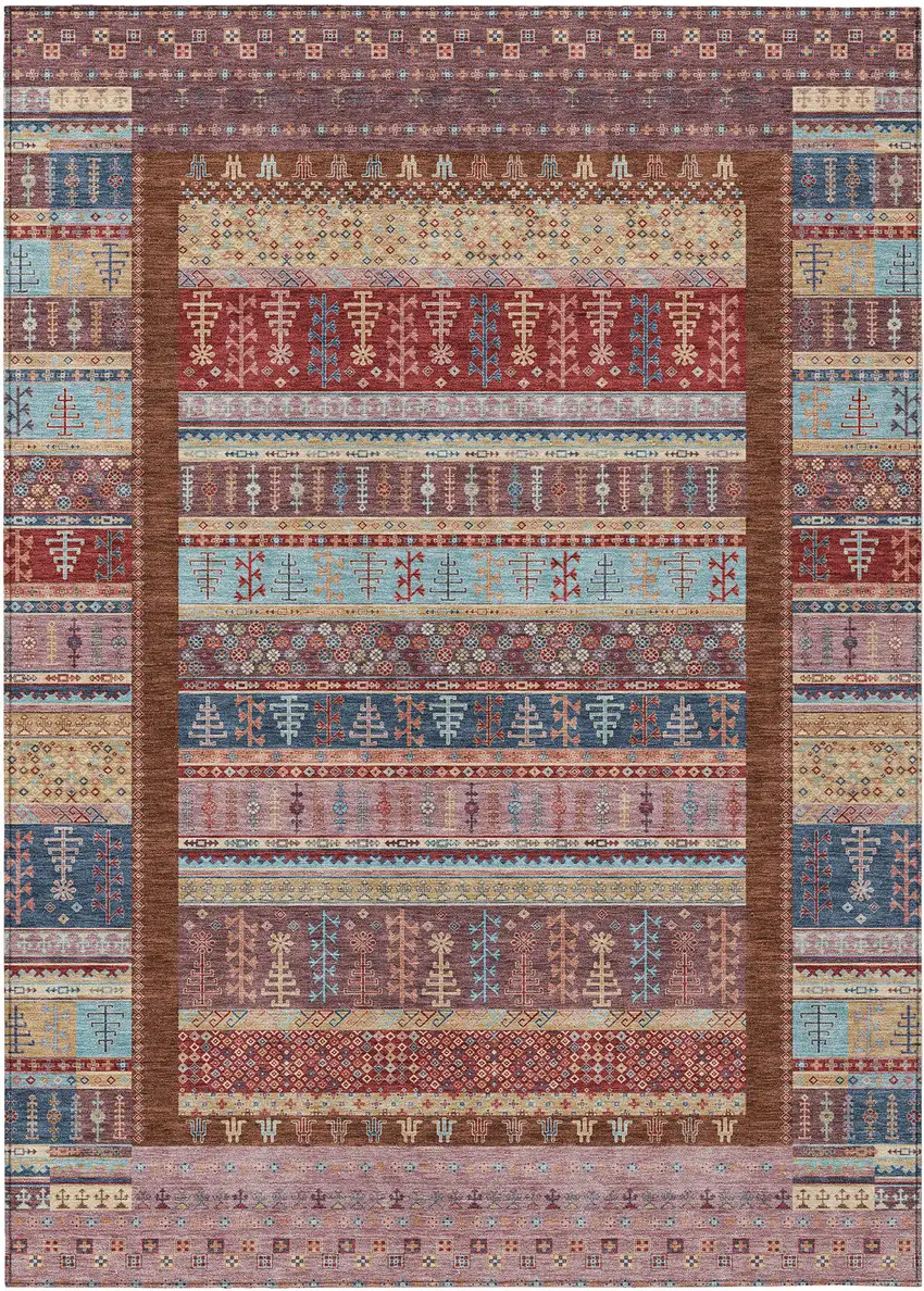 Red Beige And Sky Blue Striped Washable Indoor Outdoor Area Rug Photo 1