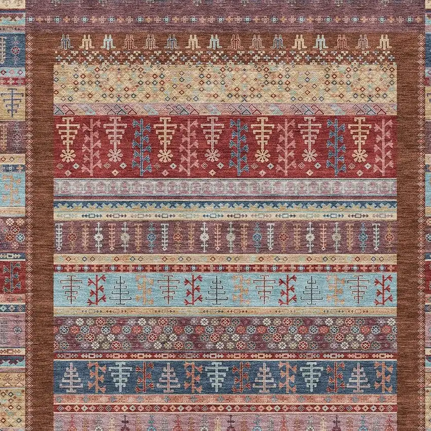 Red Beige And Sky Blue Striped Washable Indoor Outdoor Area Rug Photo 6