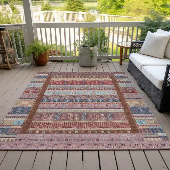 Red Beige And Sky Blue Striped Washable Indoor Outdoor Area Rug Photo 9