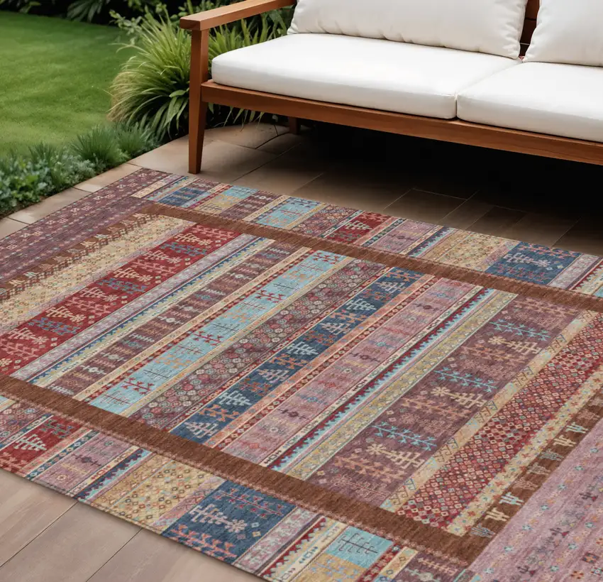 Red Beige And Sky Blue Striped Washable Indoor Outdoor Area Rug Photo 2
