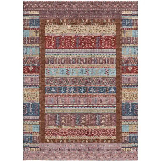 Red Beige And Sky Blue Striped Washable Indoor Outdoor Area Rug Photo 4