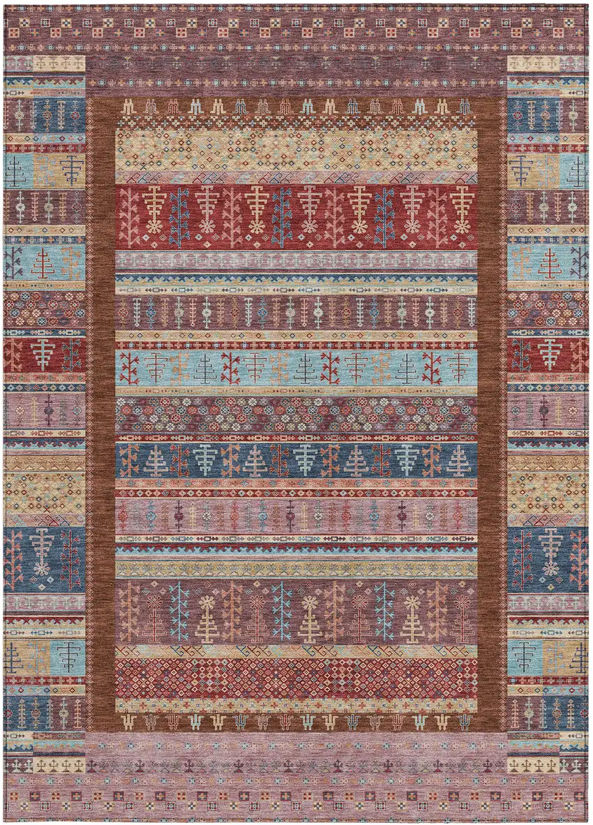 Red Beige And Sky Blue Striped Washable Indoor Outdoor Area Rug Photo 4