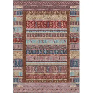 Photo of Red Beige And Sky Blue Striped Washable Indoor Outdoor Area Rug
