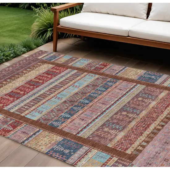 Red Beige And Sky Blue Striped Washable Indoor Outdoor Area Rug Photo 2