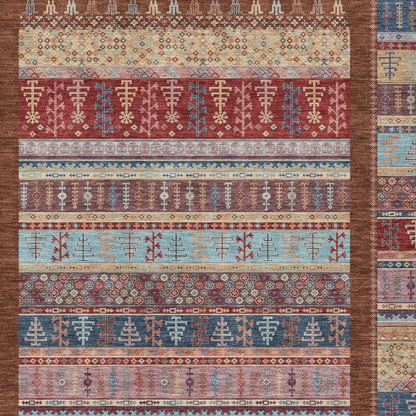 Red Beige And Sky Blue Striped Washable Indoor Outdoor Area Rug Photo 5