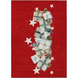 Photo of Red Beige Ivory And Taupe Geometric Washable Indoor Outdoor Area Rug