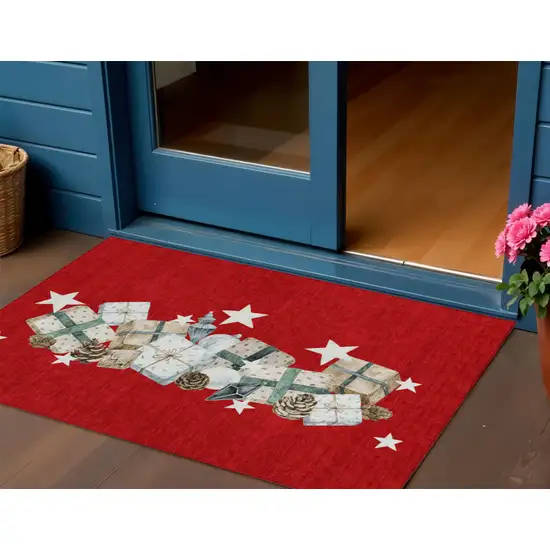 Red Beige Ivory And Taupe Geometric Washable Indoor Outdoor Area Rug Photo 2