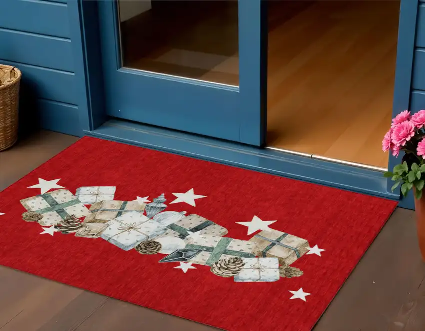 Red Beige Ivory And Taupe Geometric Washable Indoor Outdoor Area Rug Photo 2