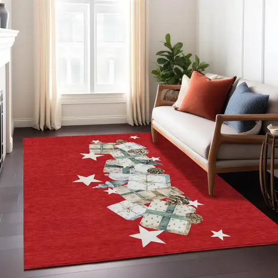 Red Beige Ivory And Taupe Geometric Washable Indoor Outdoor Area Rug Photo 8