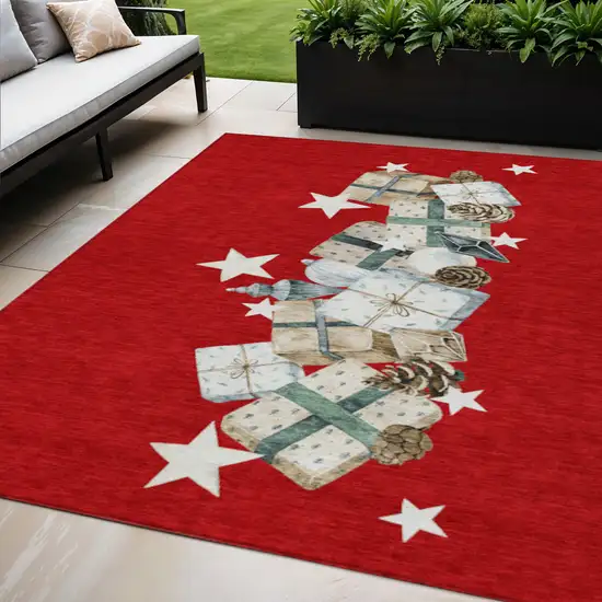 Red Beige Ivory And Taupe Geometric Washable Indoor Outdoor Area Rug Photo 2