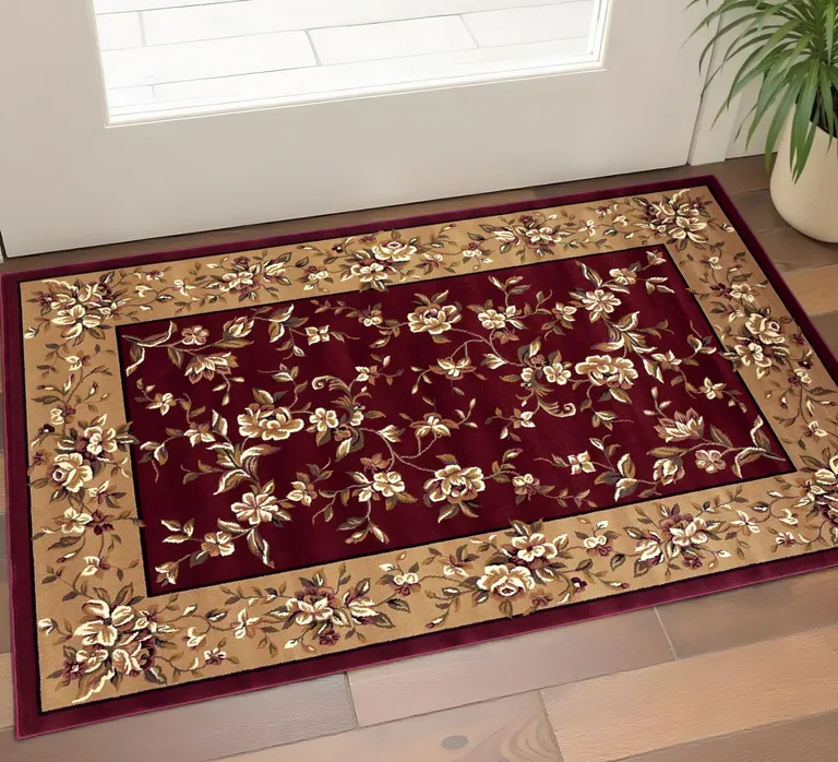 Red Beige Machine Woven Floral Traditional Indoor Accent Rug Photo 5