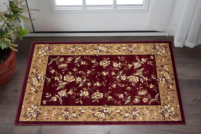 Red Beige Machine Woven Floral Traditional Indoor Accent Rug Photo 1