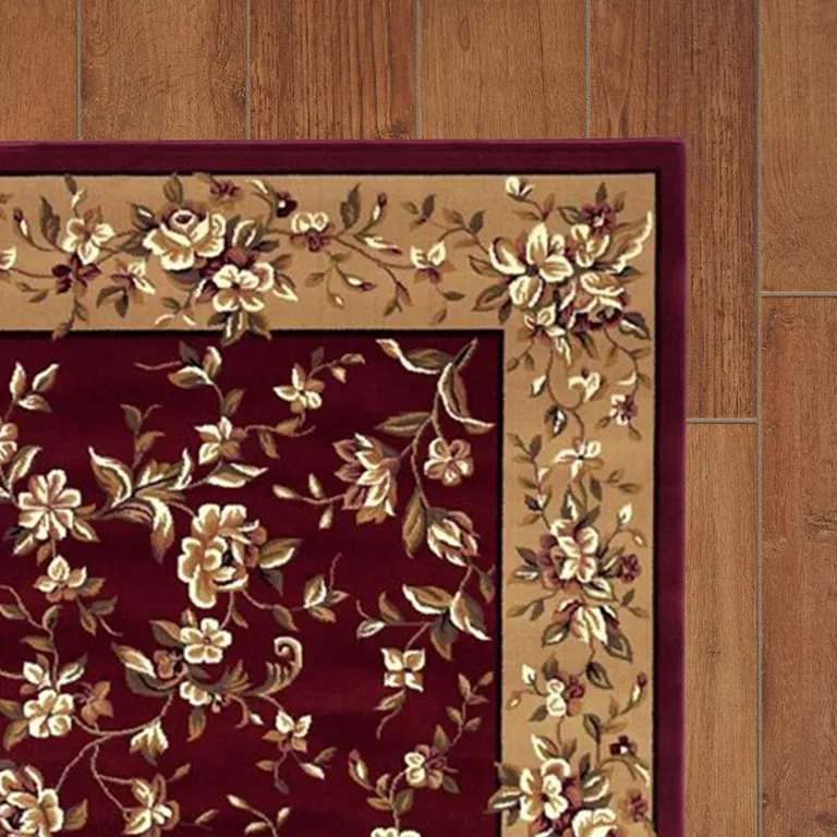 Red Beige Machine Woven Traditional Floral Octagon Indoor Area Rug Photo 3