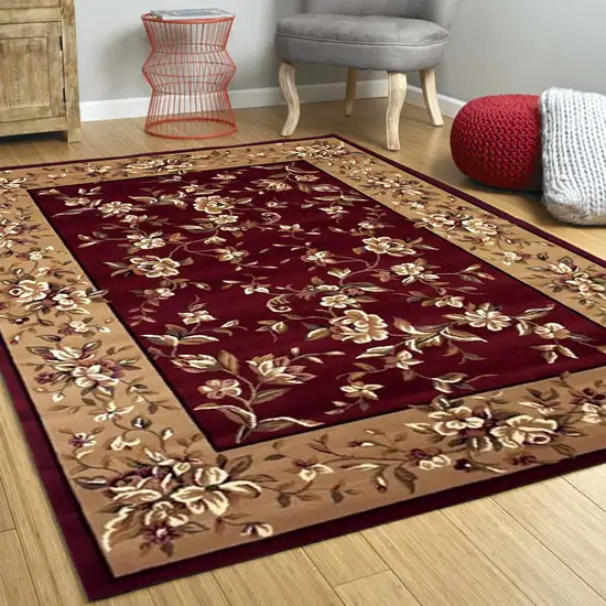 Red Beige Machine Woven Traditional Floral Octagon Indoor Area Rug Photo 4